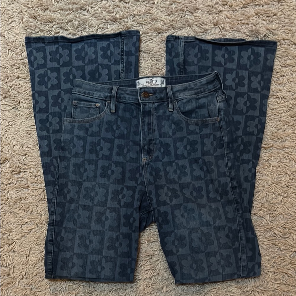Hollister Blue Flare Jeans Two Tone Floral Pattern